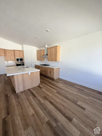 Contemporary kitchen featuring a spacious island with a light-toned countertop, wood-finish flooring, recessed lighting, and stainless steel appliances