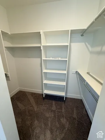 Walk-in closet with built-in shelving, multiple hanging rods, and dark carpeting