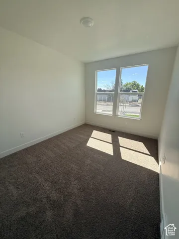 Carpeted room featuring two windows and a ceiling-mounted light fixture