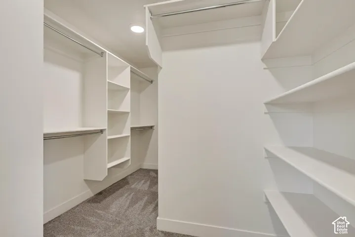 Recessed lighting, built-in shelving, multiple hanging rods, corner shelving, and carpet flooring