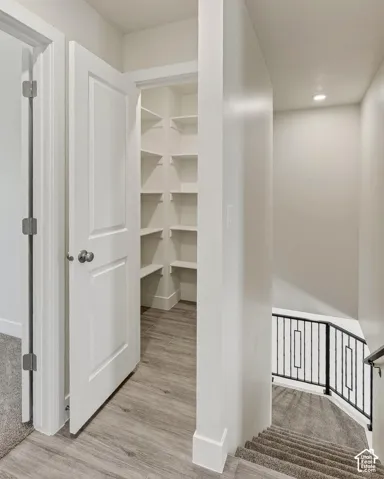 Walk-in pantry with wood-finish flooring and extensive built-in shelving