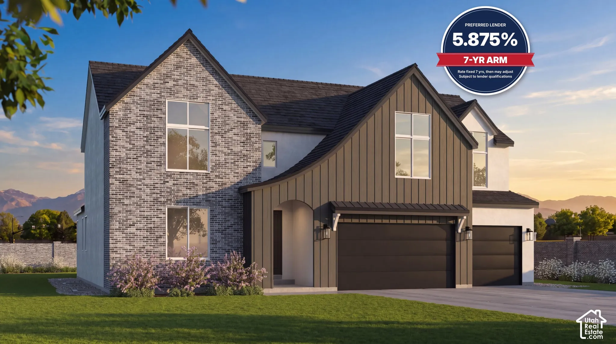 Multi-level exterior featuring a combination of brick and vertical metal siding, an arched entryway, and a three-car garage