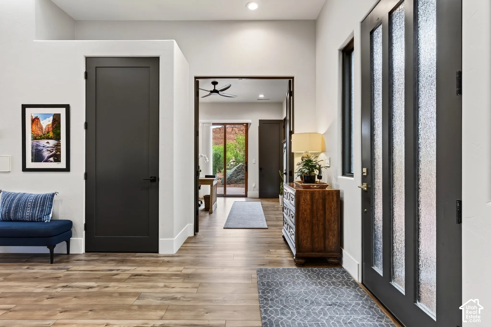 Entryway featuring a dark paneled door and wood-finish flooring