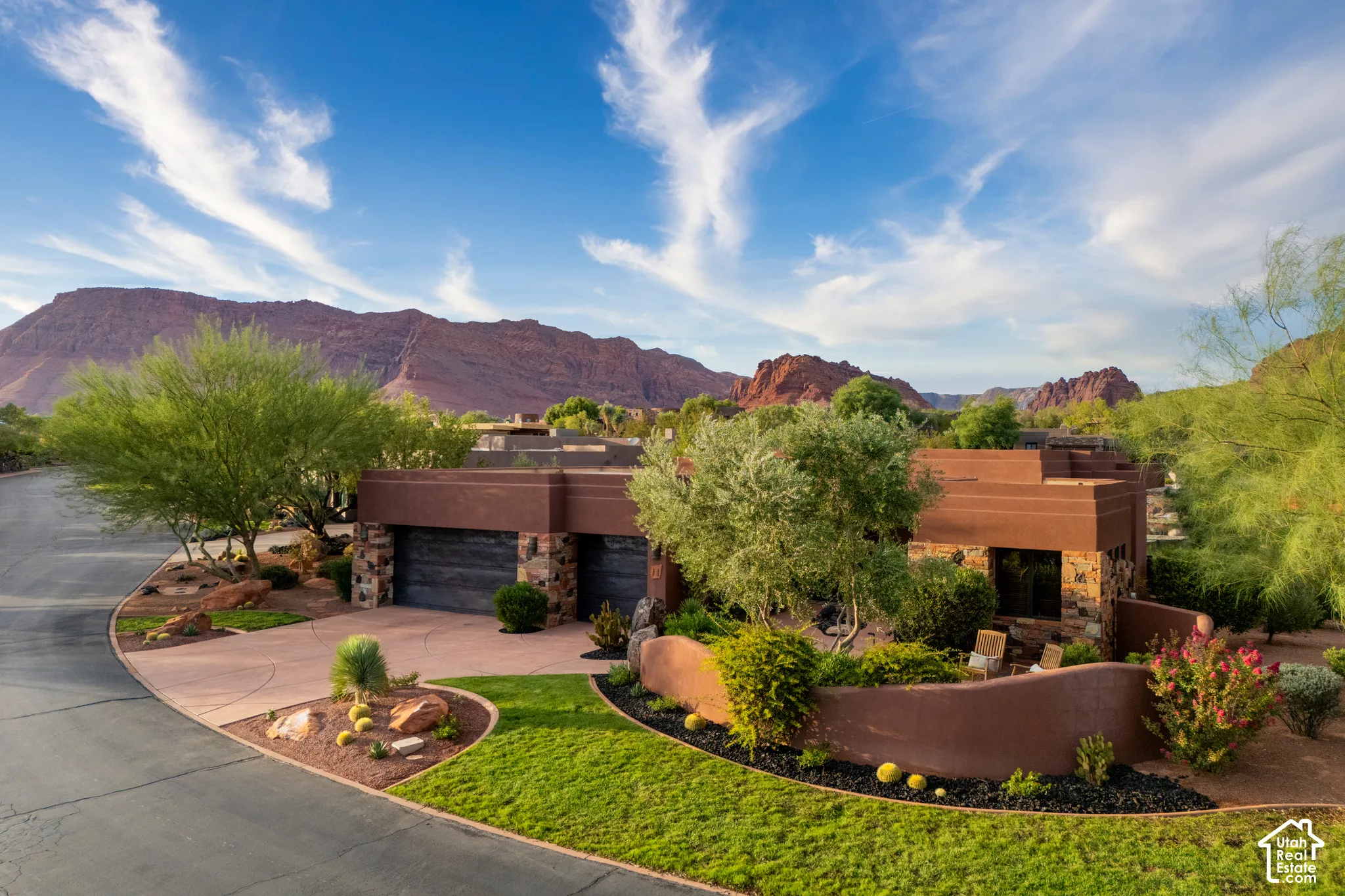 Terraced desert landscaping with mature trees