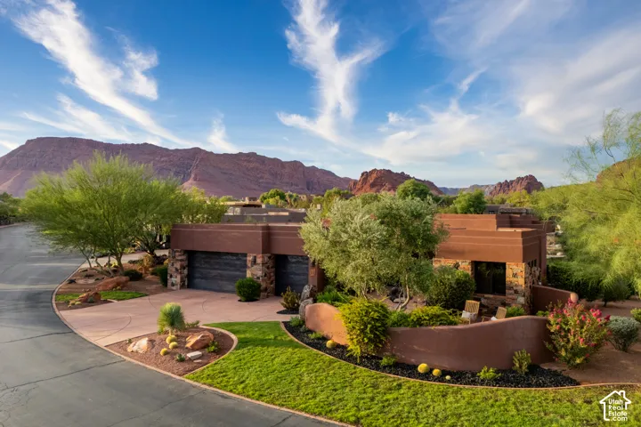 Terraced desert landscaping with mature trees
