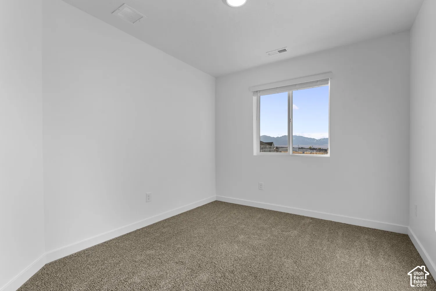 Neutral wall paint with textured carpeting, a window featuring a mountain backdrop, and an overhead light fixture