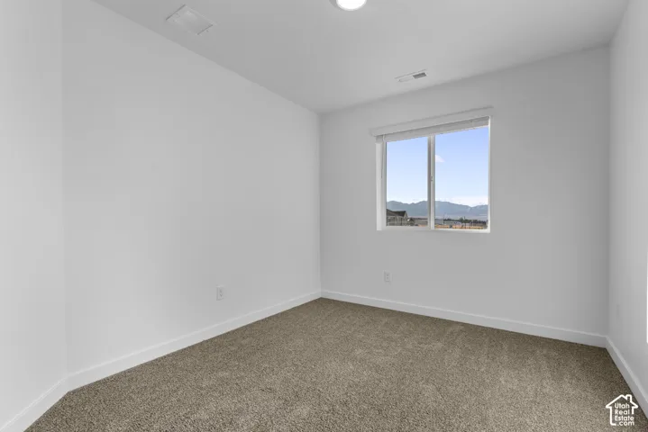Neutral wall paint with textured carpeting, a window featuring a mountain backdrop, and an overhead light fixture