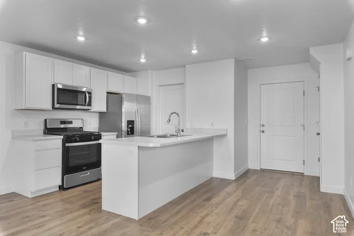 Modern kitchen featuring stainless steel appliances, white cabinetry, a kitchen island with sink, recessed lighting, and wood-finish flooring
