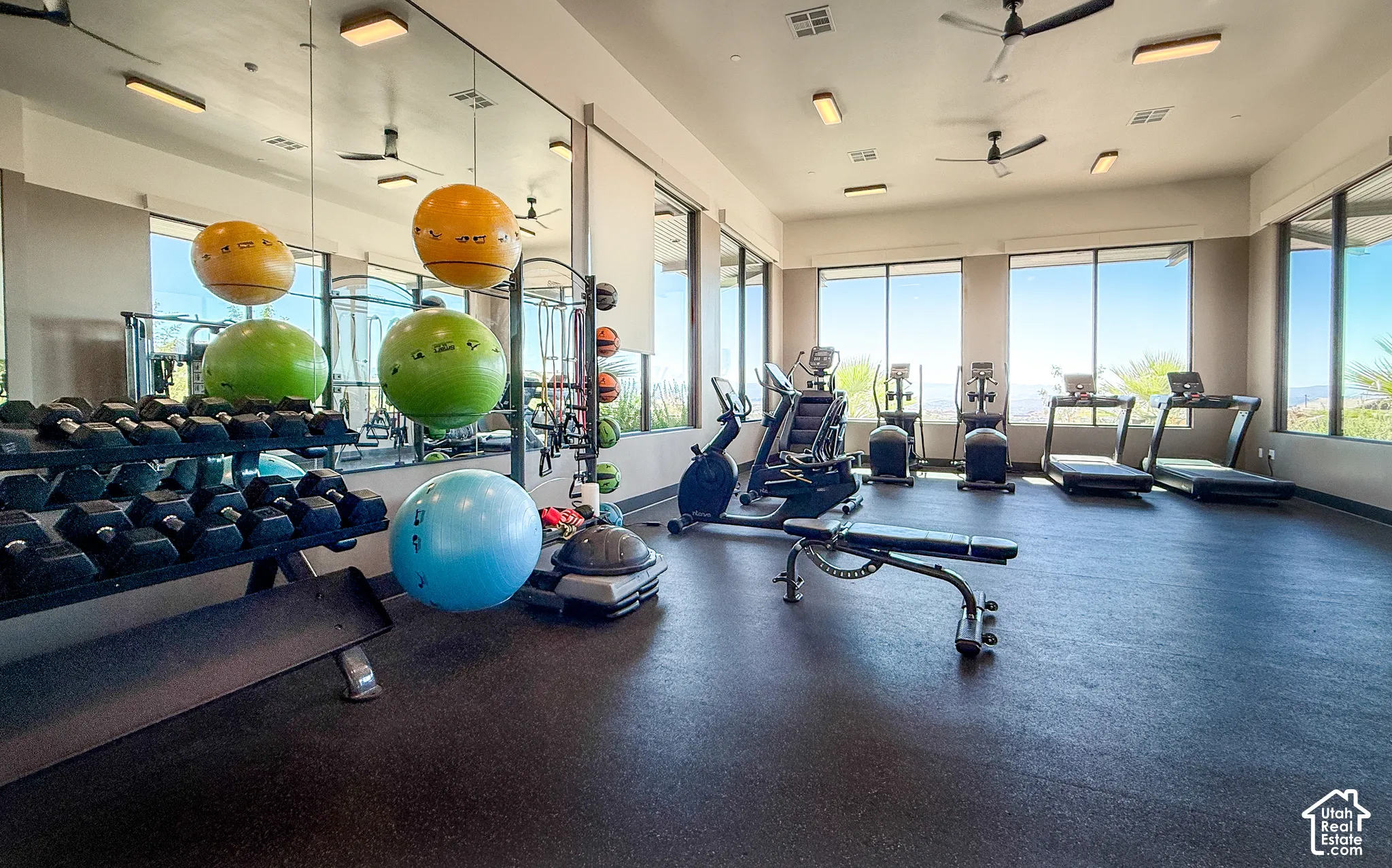 Dedicated fitness space featuring multiple cardio machines, weight racks, exercise benches, and expansive windows