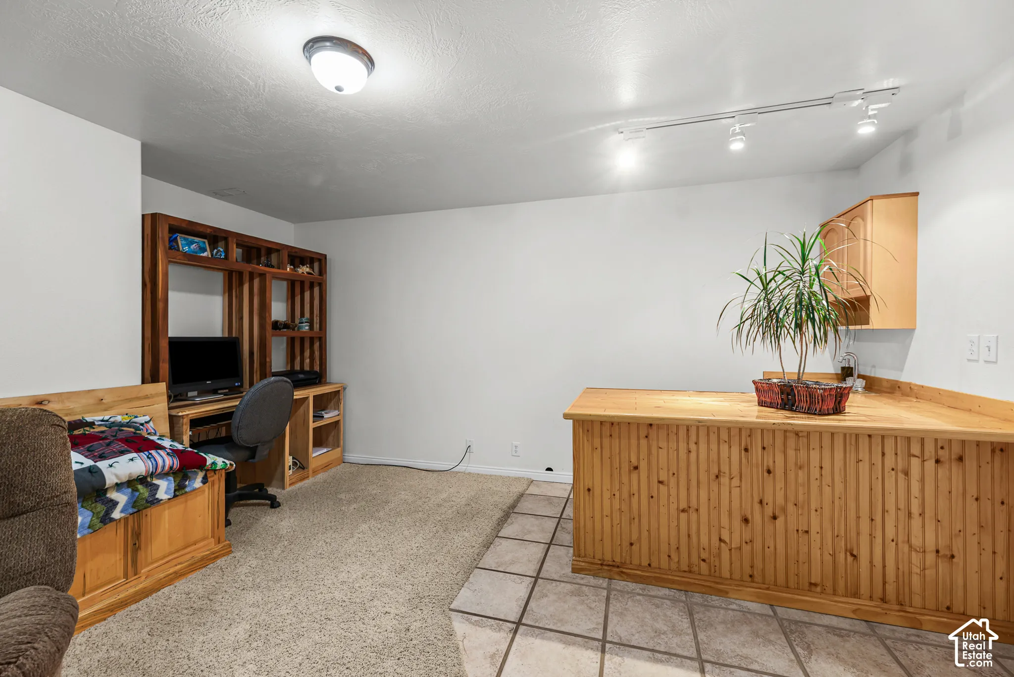 Built-in wood shelving, wood-finish bar, track lighting, ceiling-mounted light fixture, and tile flooring