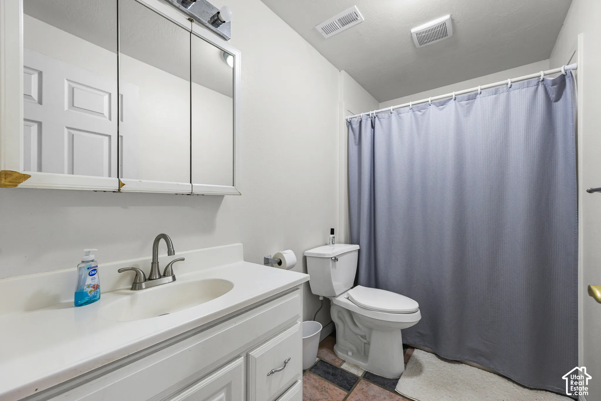 Vanity with integrated sink and chrome faucet, three-door medicine cabinet with integrated lighting, toilet, and shower area