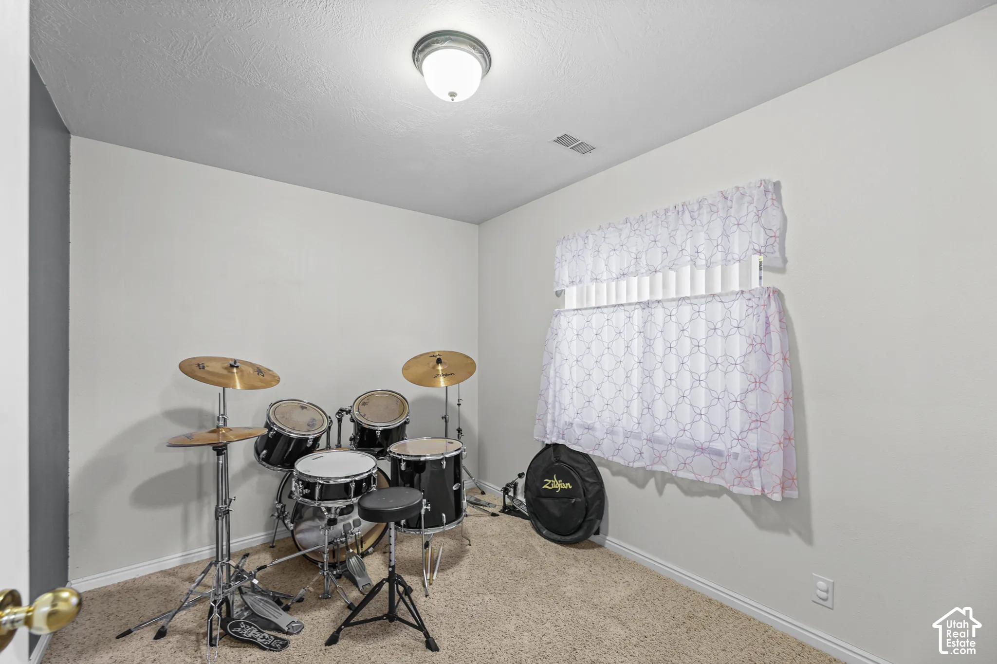 Recessed window with white blinds and sheer curtains, overhead flush-mount light fixture, and neutral-toned wall-to-wall carpeting