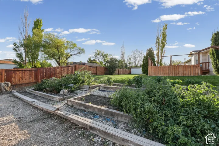 Expansive backyard featuring a manicured lawn, raised garden beds, and a wood privacy fence