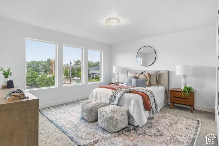 Bright interior featuring three large windows, a single flush-mount ceiling light, and carpeted flooring