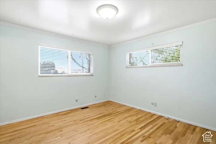 Hardwood flooring, crown molding, dual windows with blinds, and a ceiling-mounted light fixture