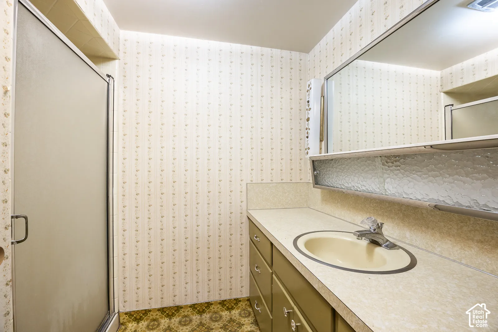 Vanity with integrated sink, wall-mounted mirror, and enclosed shower