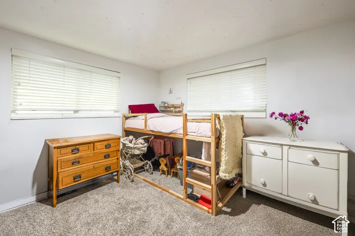 Wall-to-wall carpeting with light-toned walls, featuring two windows with horizontal blinds