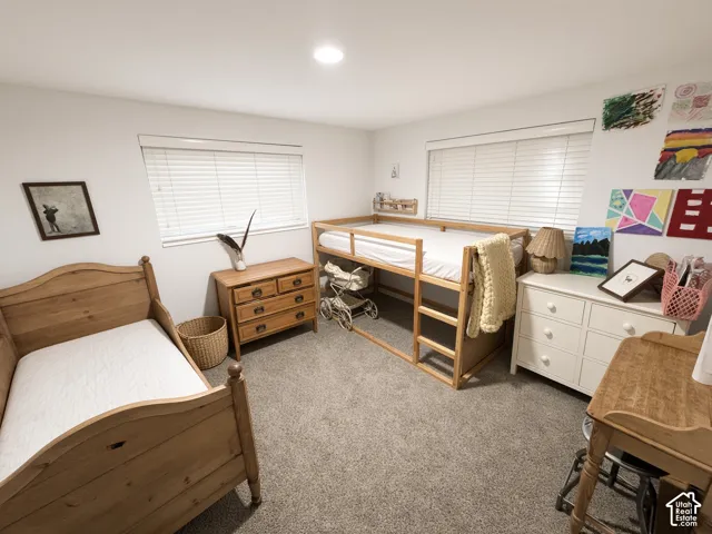 Recessed ceiling lighting, light-toned carpeting, white walls, and two windows with blinds
