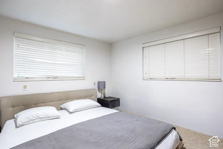 Two windows with horizontal blinds and light-colored walls