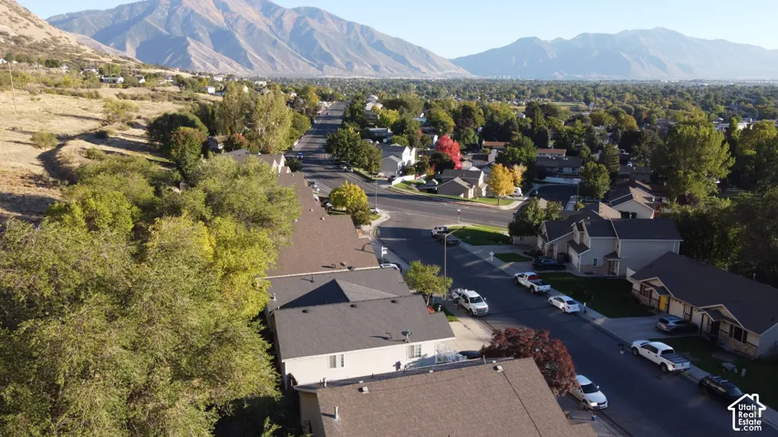 Aerial perspective featuring mountain range backdrop and established residential neighborhood with mature trees