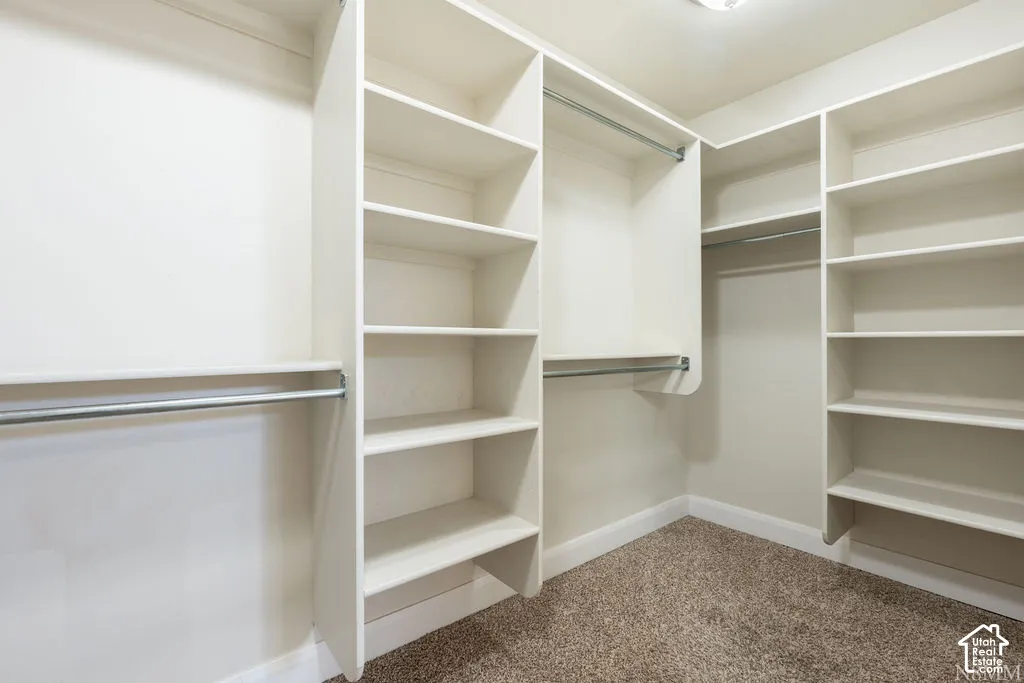 Built-in white shelving, multiple hanging rods, and carpeted flooring