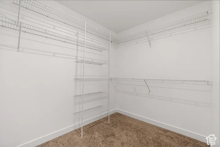 Walk-in closet featuring white wire shelving, multiple hanging rods, and carpet flooring