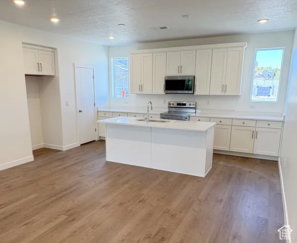 Kitchen featuring wood-finish flooring, white cabinetry, a center island with sink, and stainless steel appliances