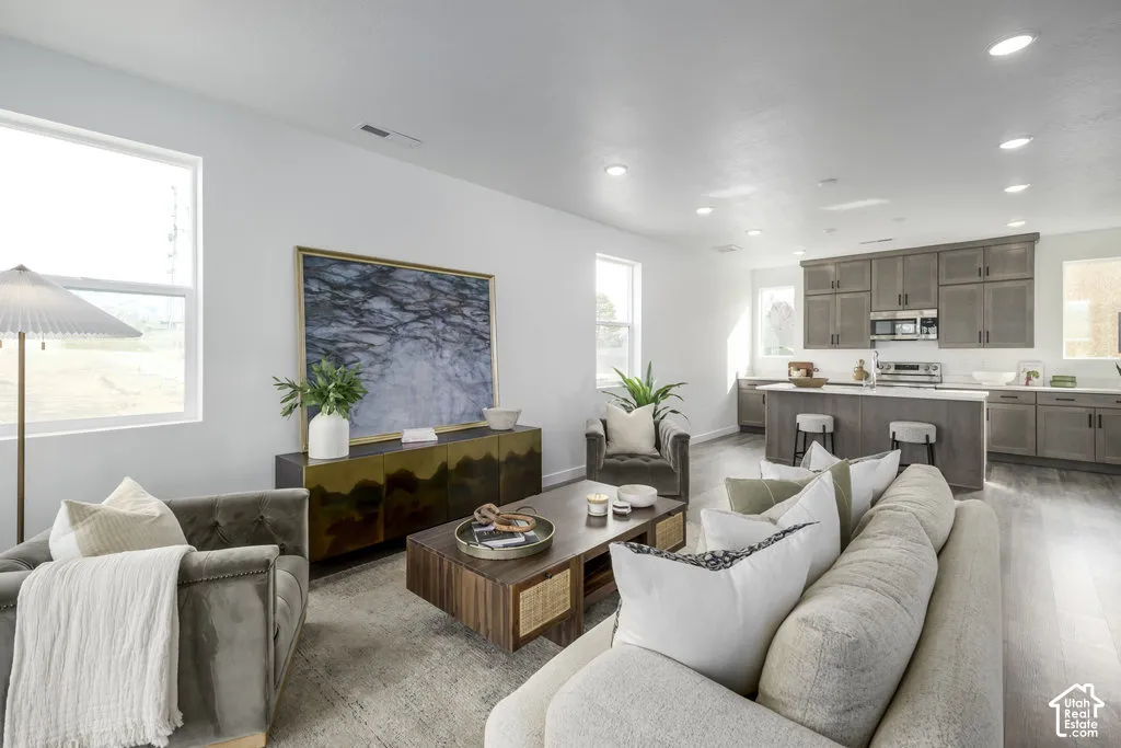 Open concept living area featuring wood-finish flooring, recessed lighting, a kitchen island with seating, and gray cabinetry with stainless steel appliances