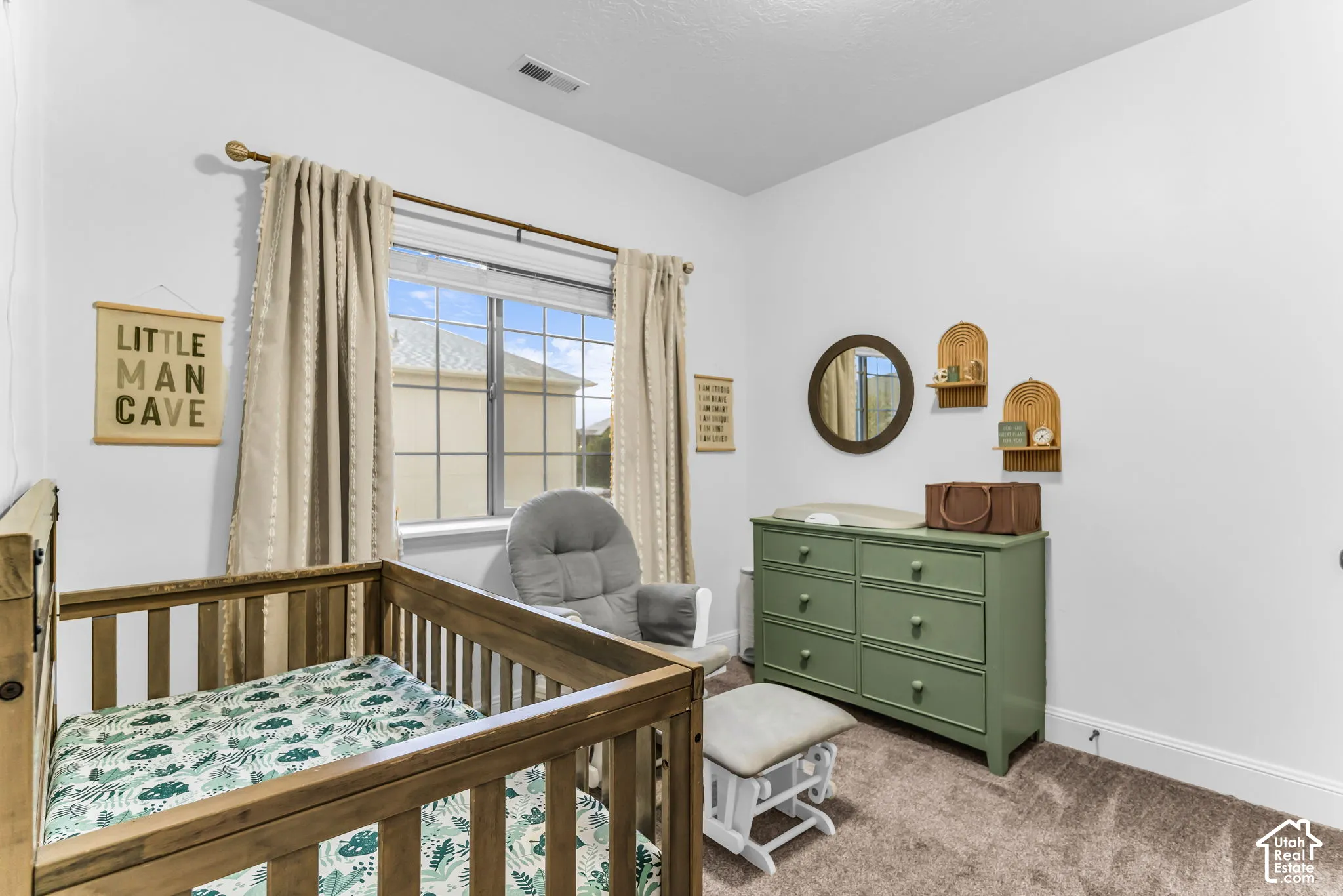 Window with grid muntins, light-toned walls, and soft carpet flooring