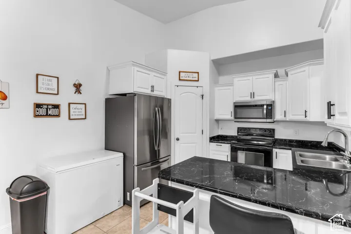 White cabinetry with dark hardware, black countertop, stainless steel appliances, and a double-basin sink