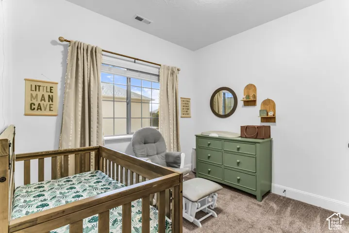 Window with grid muntins, light-toned walls, and soft carpet flooring