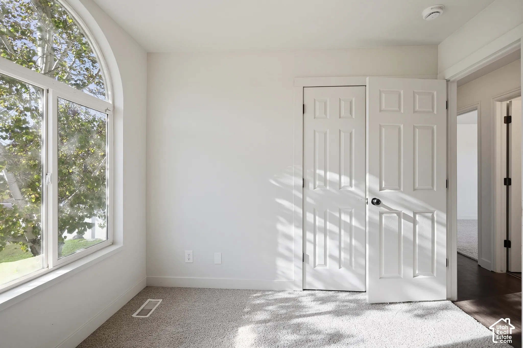 Arched window, white trim, neutral carpet, white paneled doors, and a smoke detector