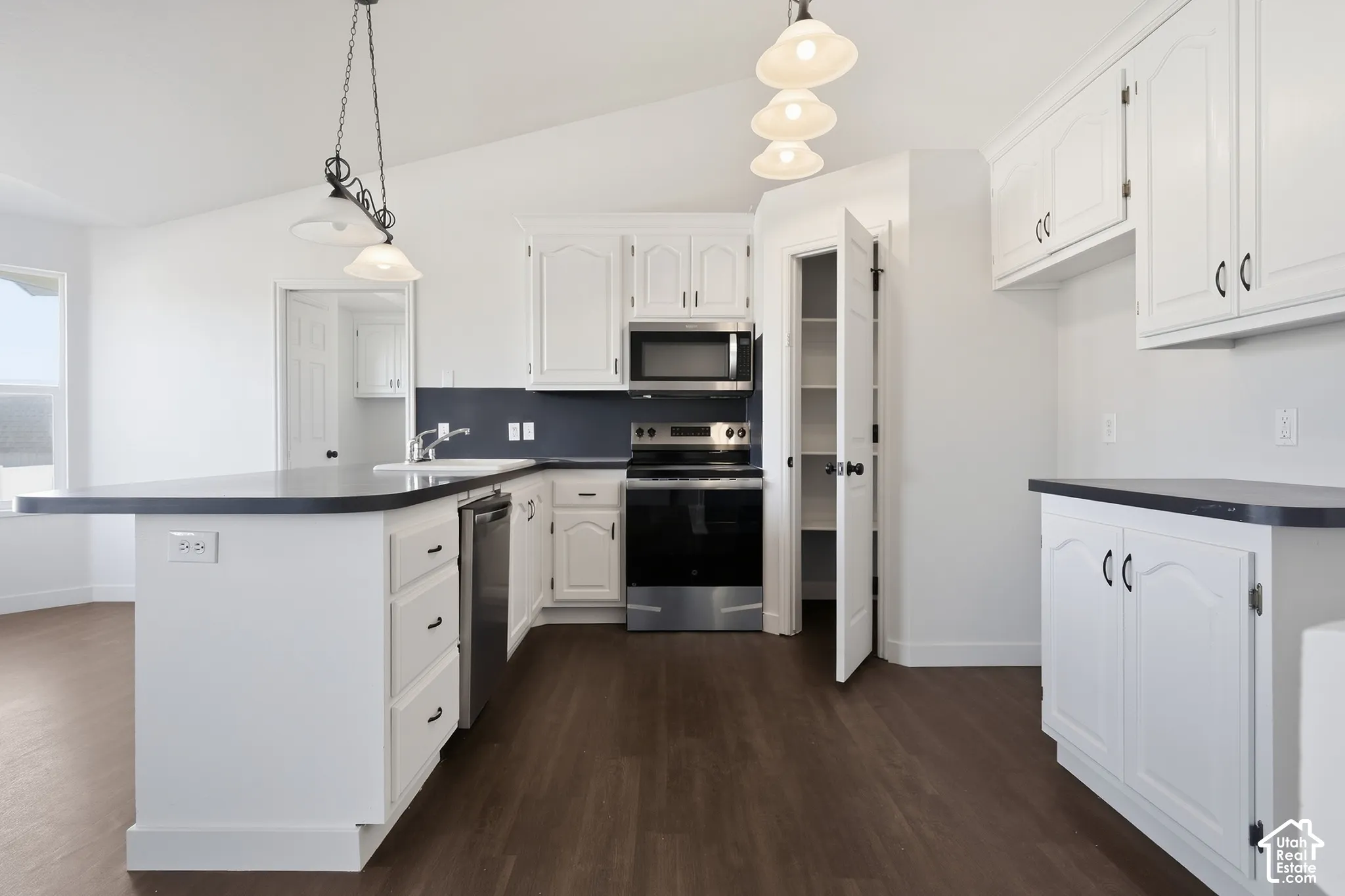 Kitchen featuring white cabinetry, dark countertops, stainless steel appliances, wood-finish flooring, and a pantry with shelving
