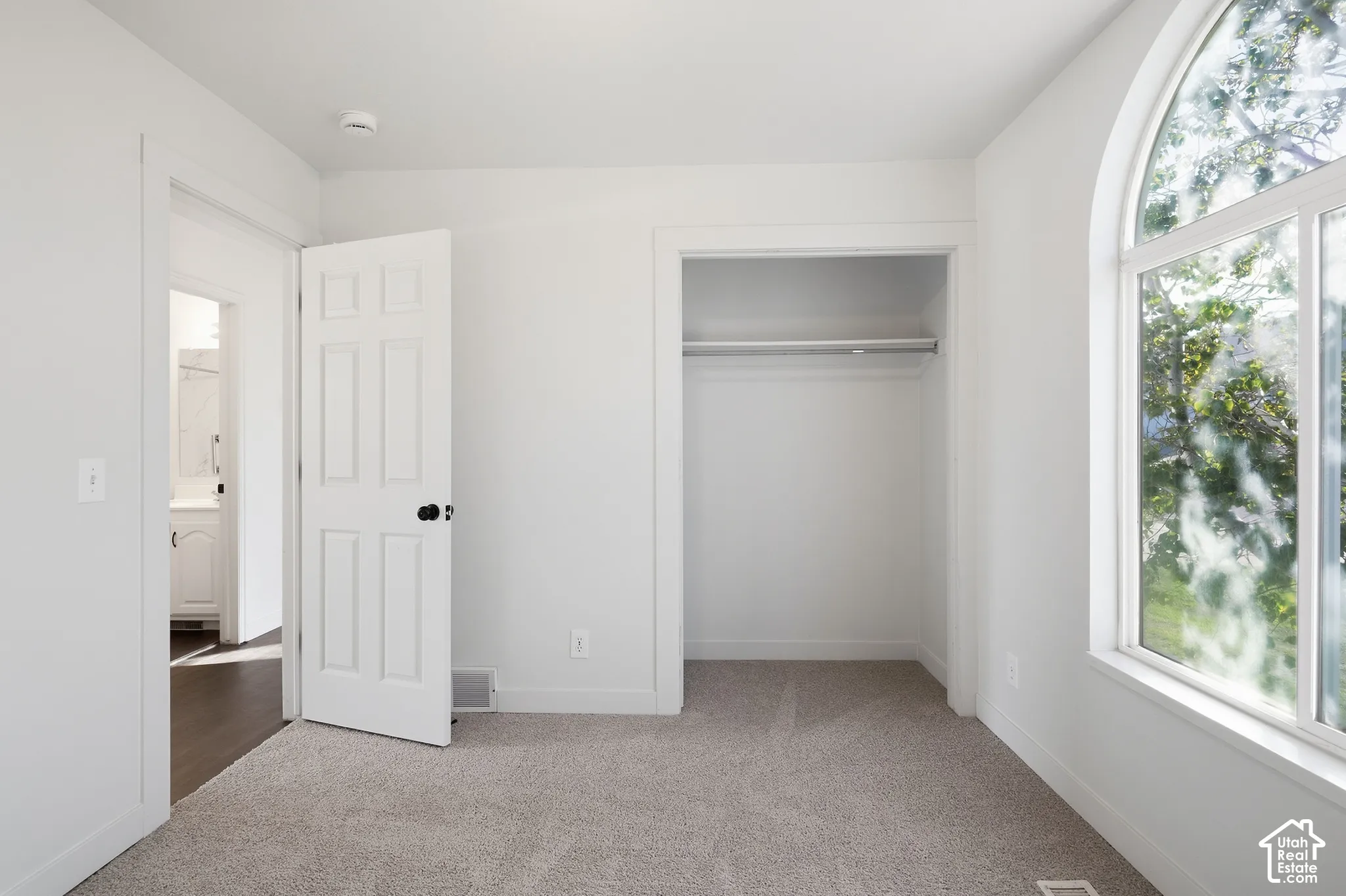Arched window with multiple panes, neutral carpeting, recessed closet with hanging rod, and white paneled door with dark hardware