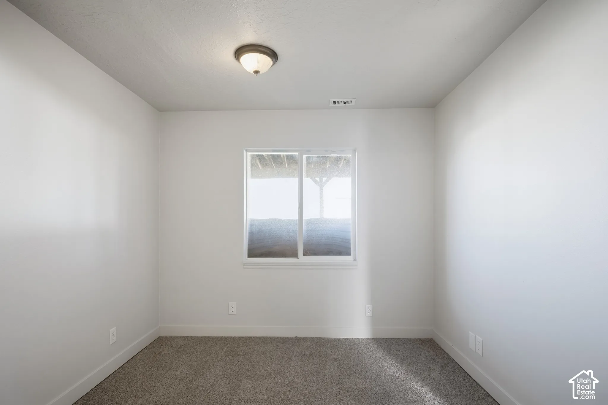 Carpeted flooring, single window, flush-mount ceiling light fixture, white walls