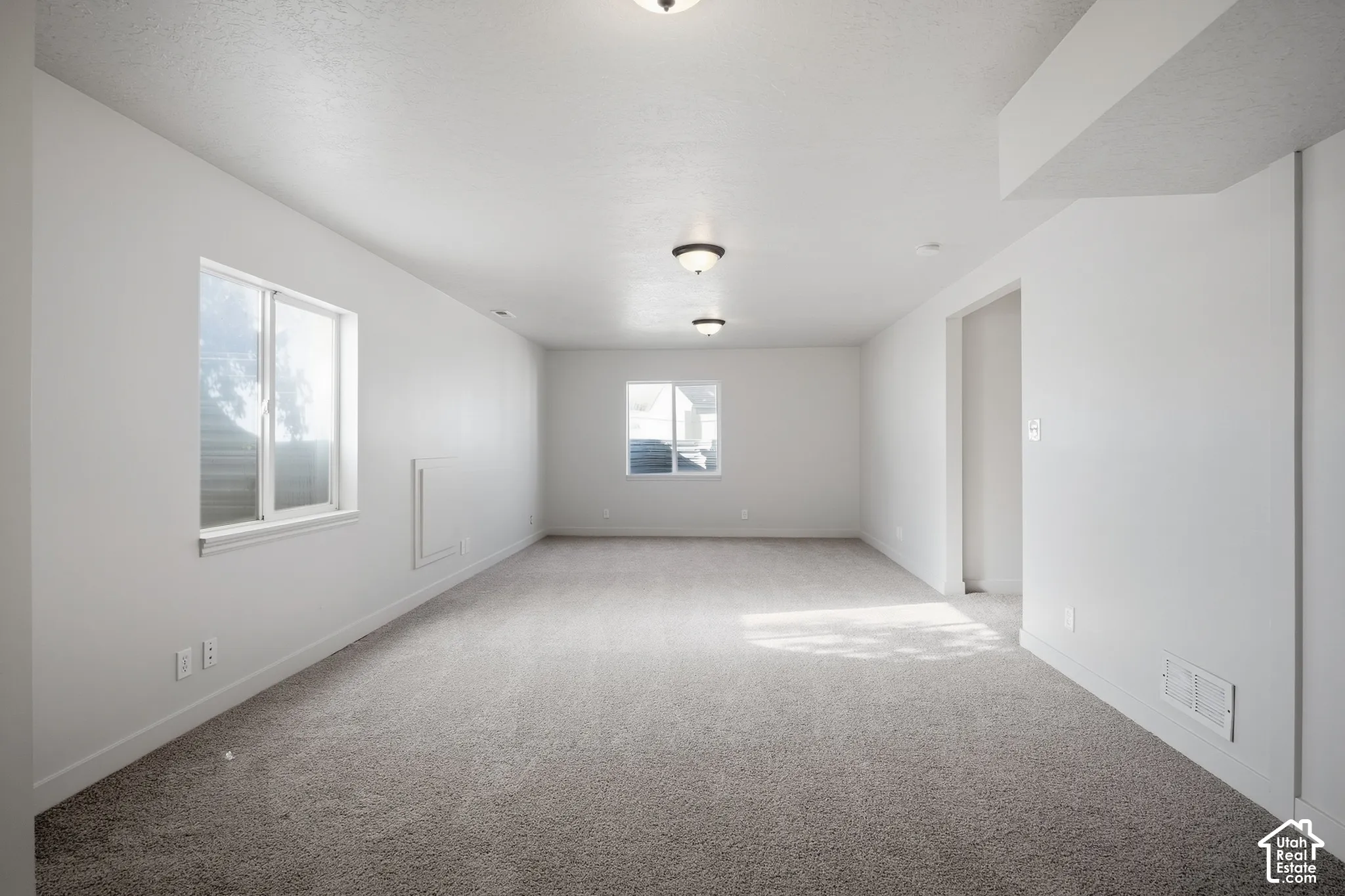 Neutral gray carpeting, white walls, and multiple windows