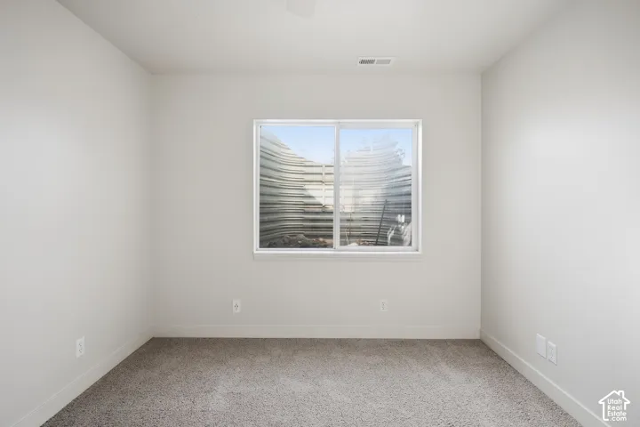 Neutral-toned carpeting, light-colored walls, and a white-framed window