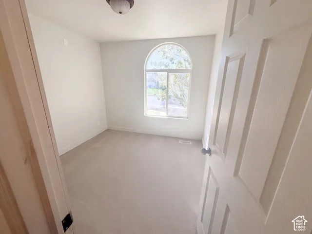 Arched window with light-toned trim, light-toned carpeting, and a flush-mount ceiling light fixture