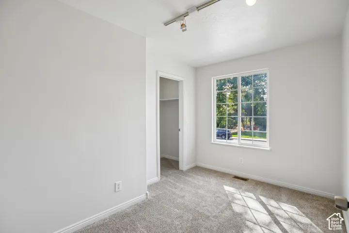 Light gray wall paint, track lighting, carpeted flooring, a window with grid panes, and a built-in closet