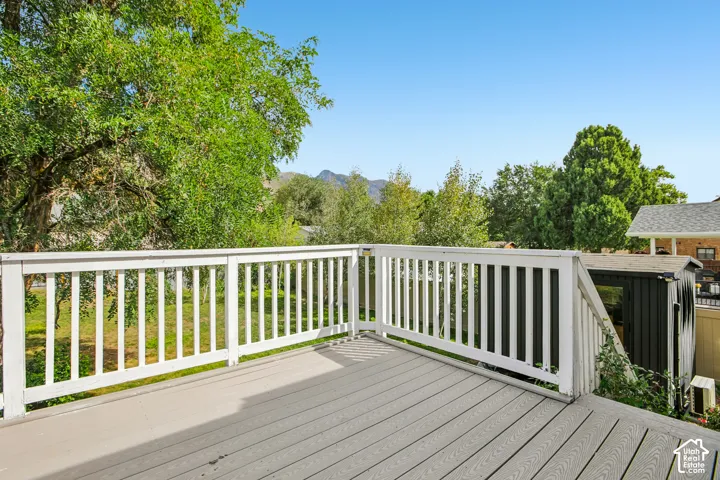 Outdoor deck with composite decking and white railings