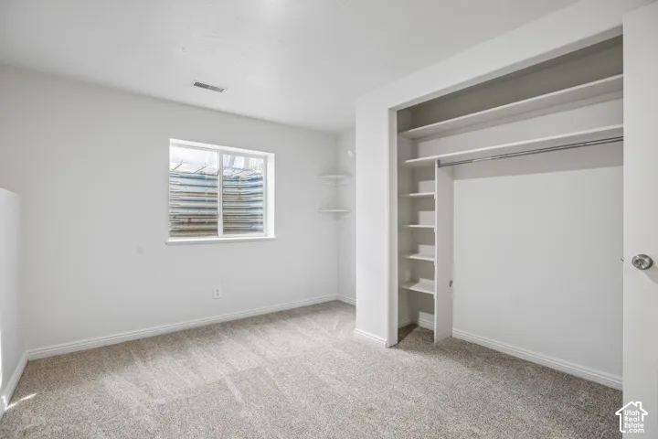 Plush carpeting, a built-in closet with shelving and hanging rod, and corner wall-mounted shelving
