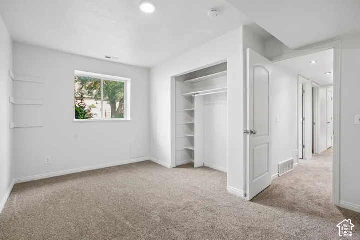 Recessed lighting, soft carpet flooring, built-in closet organization, white trim, and white paneled doors