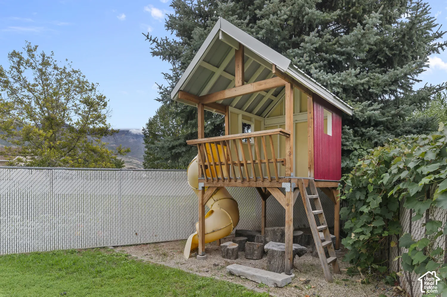 Outdoor play structure with a slide, wooden ladder, and painted siding