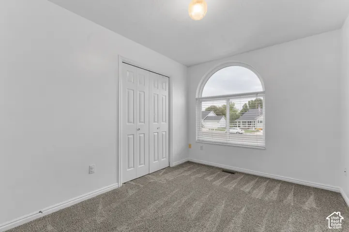 Arched window with blinds, bi-fold closet doors, wall-to-wall carpeting, and a ceiling-mounted light fixture