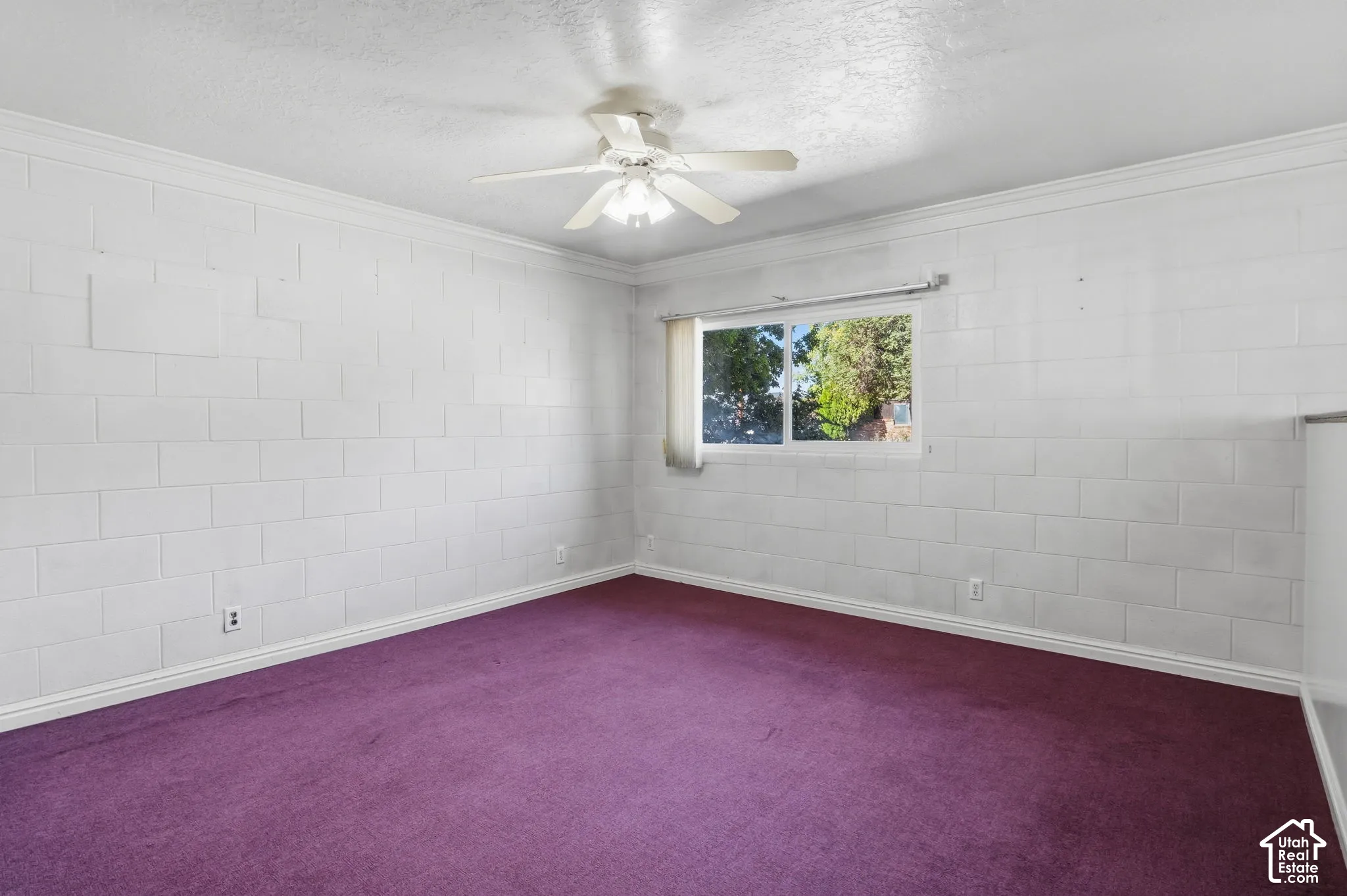 Window with natural light, textured block walls, ceiling fan, crown molding, and purple carpeting, detached building. This area was a waiting area for beauty salon