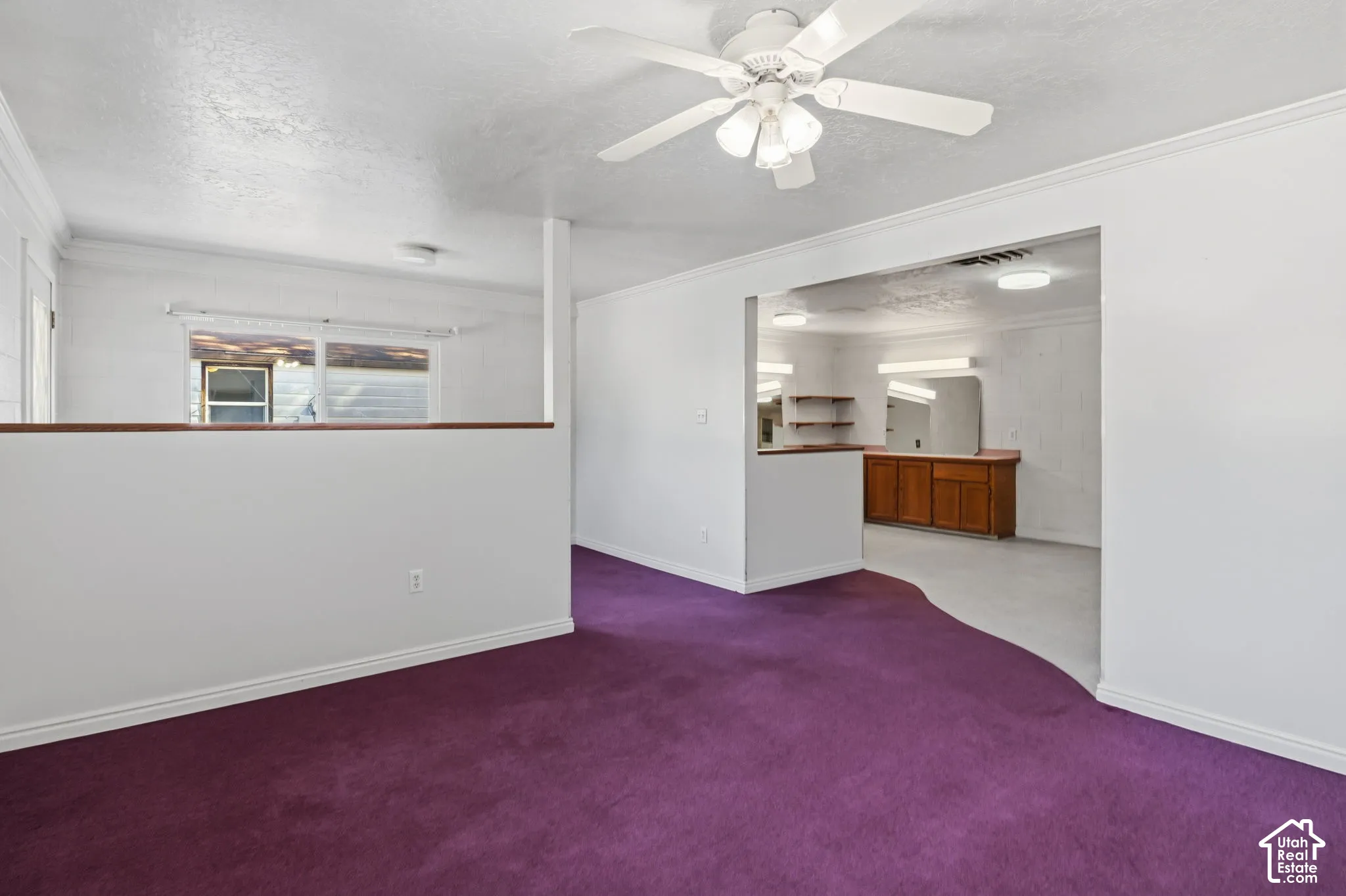 Spacious room featuring purple carpeting, white walls, and a ceiling fan with integrated lighting in detached building