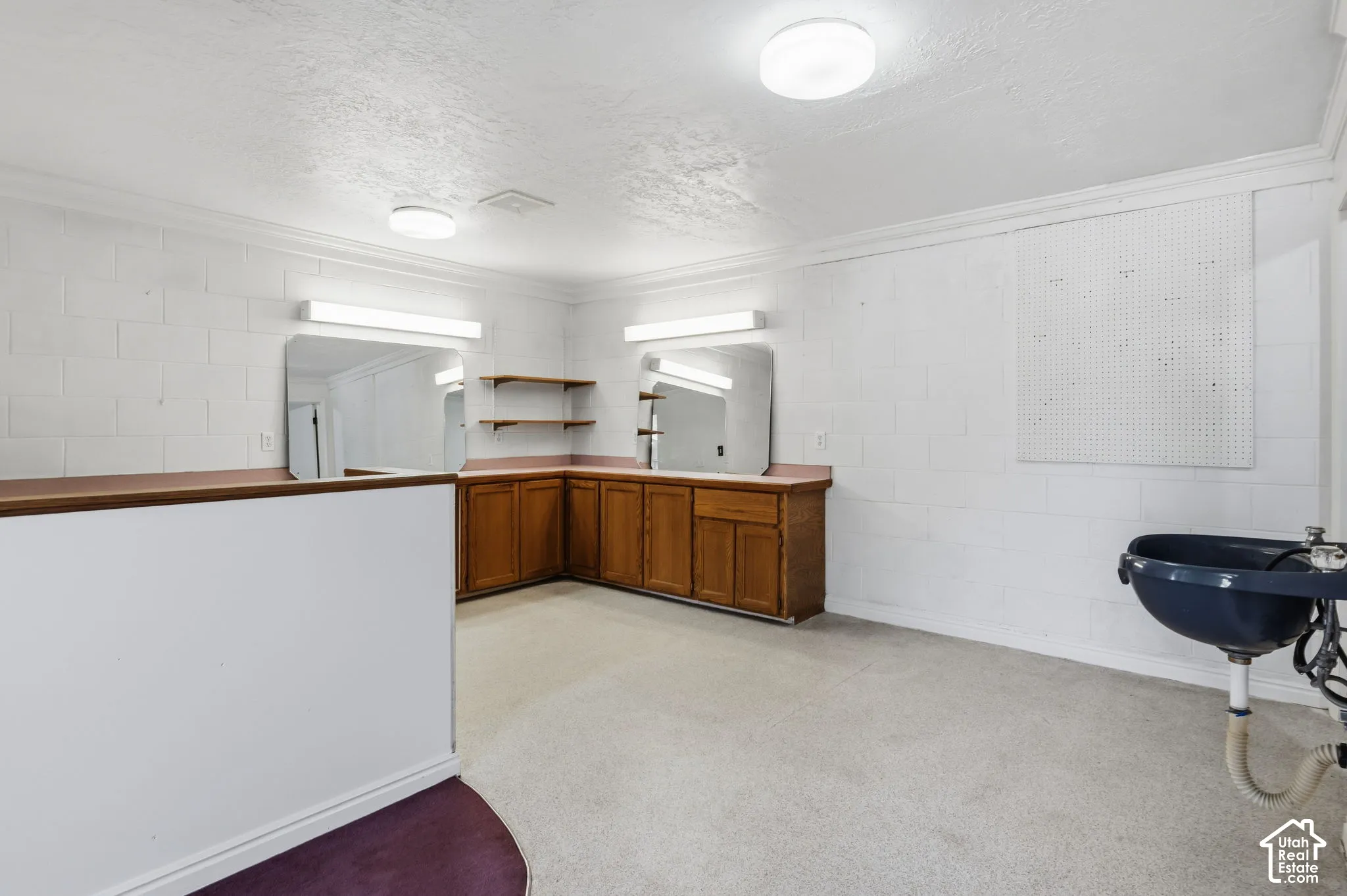 Corner built-in cabinetry with a countertop, two wall-mounted mirrors with integrated lighting, overhead flush-mount lighting, and a utility sink. Detached building