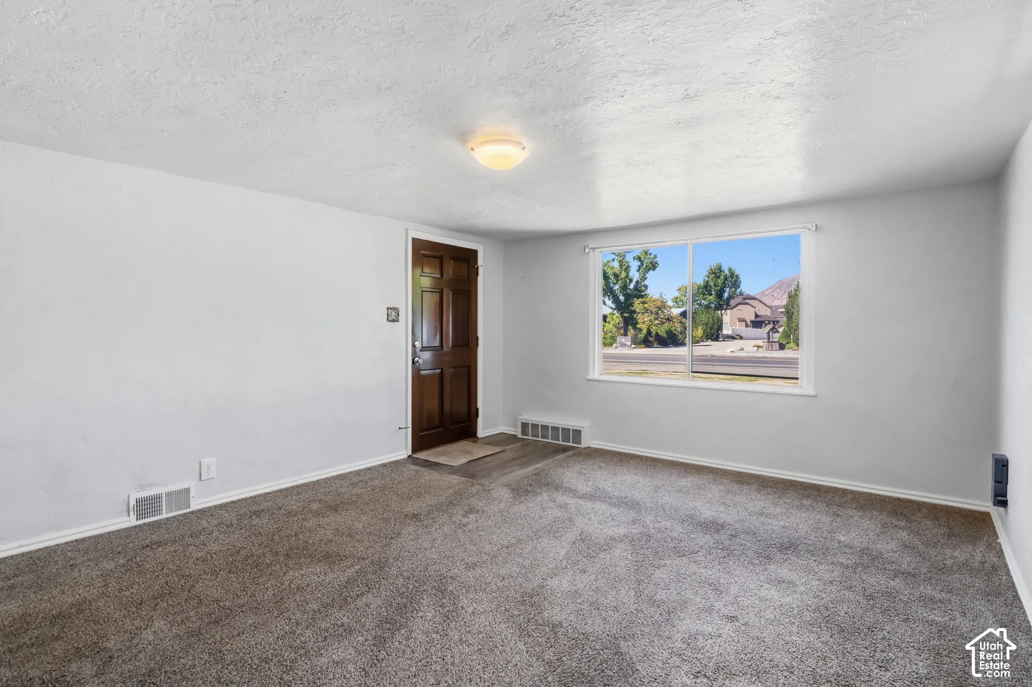 Home - Neutral wall tones with textured ceilings, dark hardwood front door, large window in Home