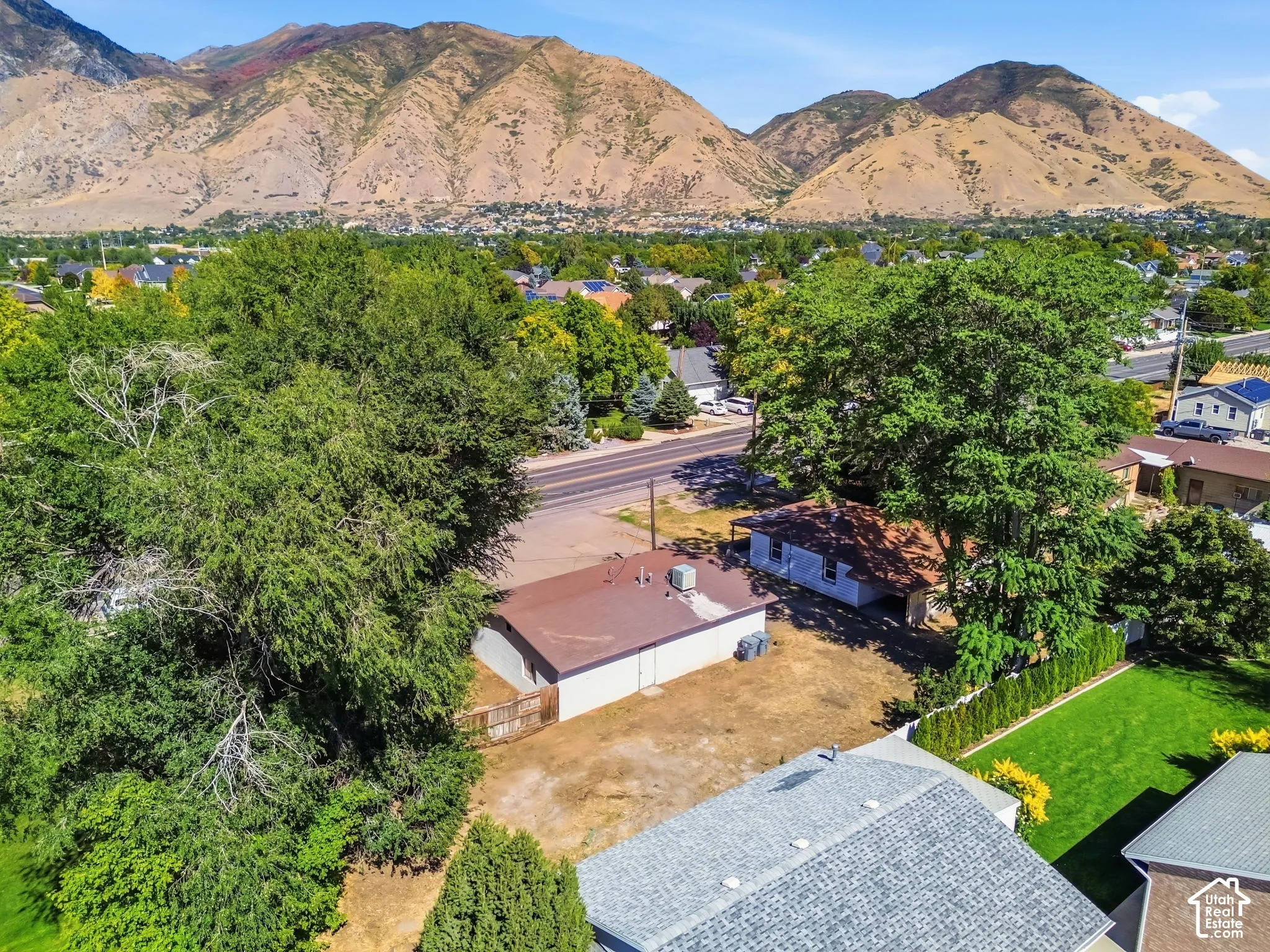 Aerial view of back of detached building