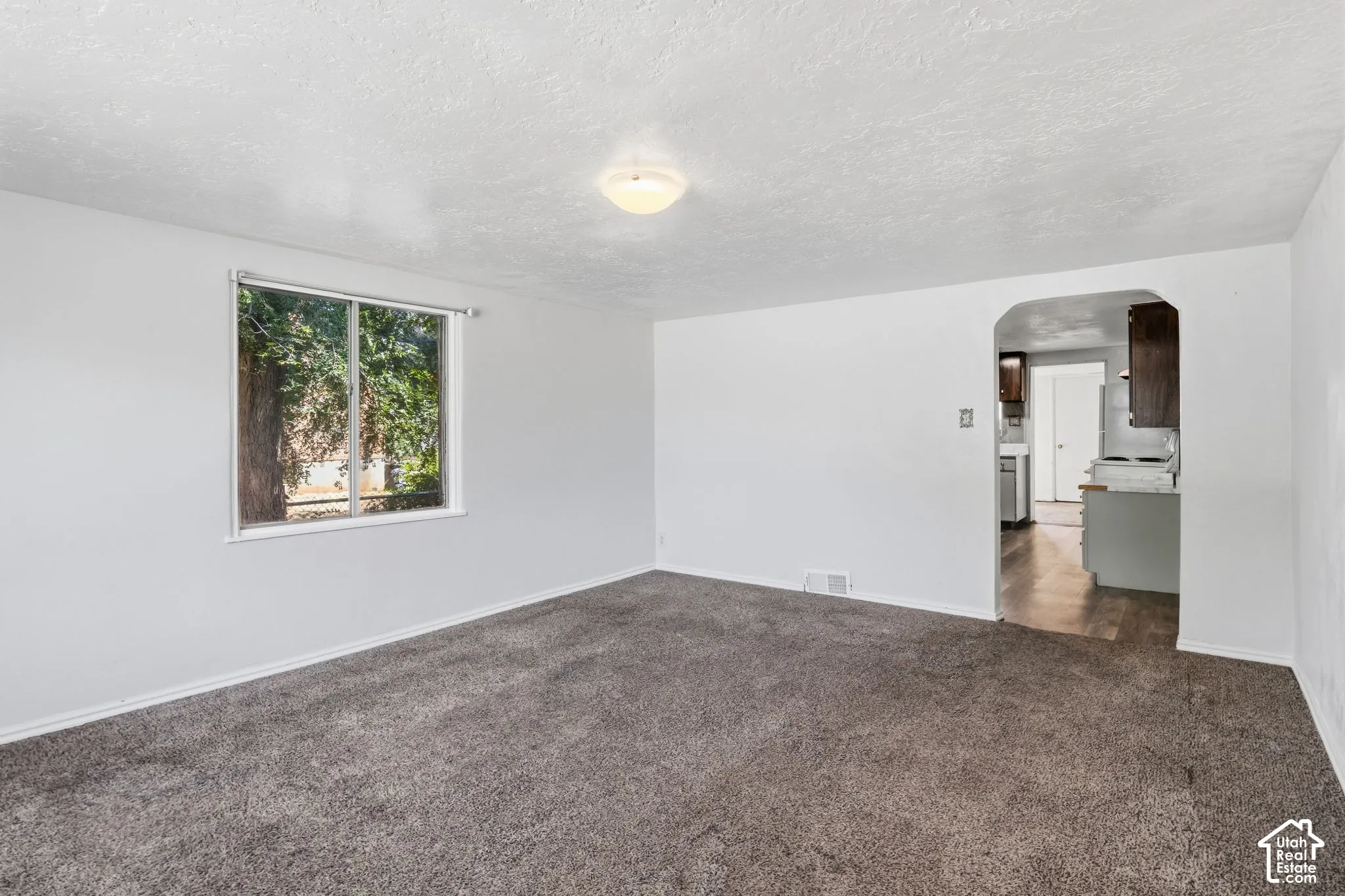 Home - Recessed ceiling light, neutral wall paint, gray carpeting, single window, and an arched doorway